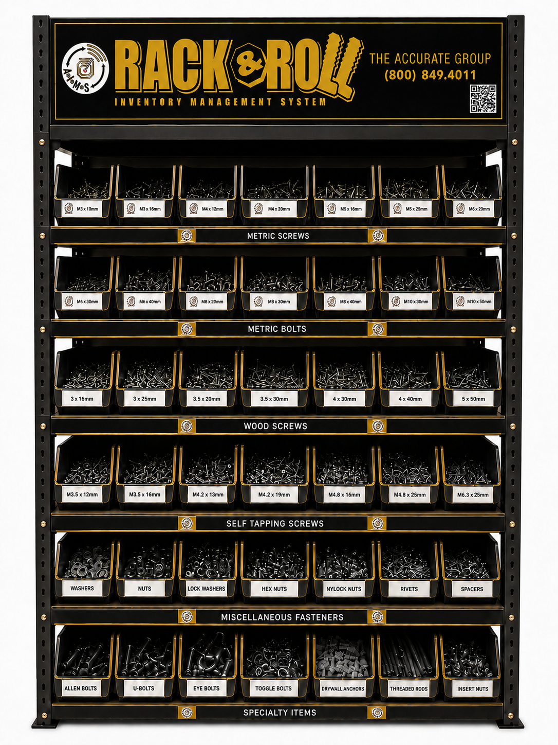 A.I.M.S. Rack and Roll gravity flow rack with labelled fastener bins